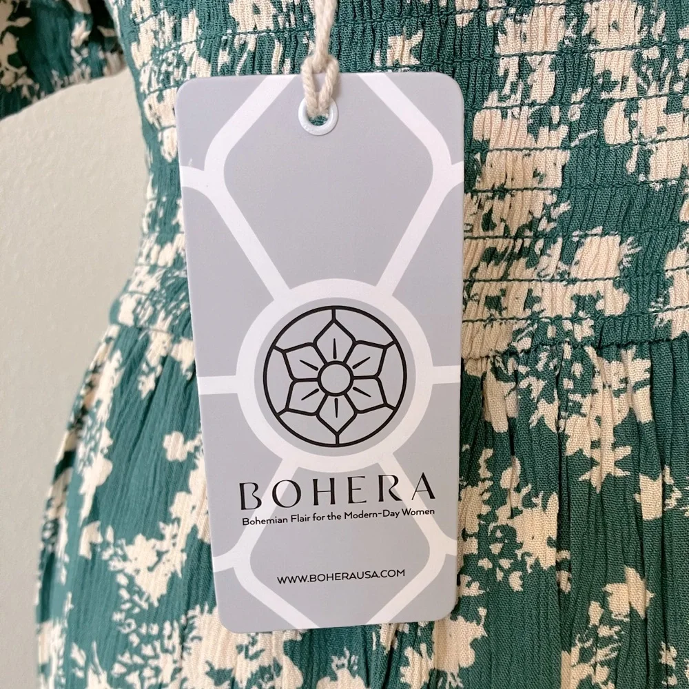 NWT Boho sage green flower print smocked dress w/ pockets! Bohera size L - Picture 5 of 15